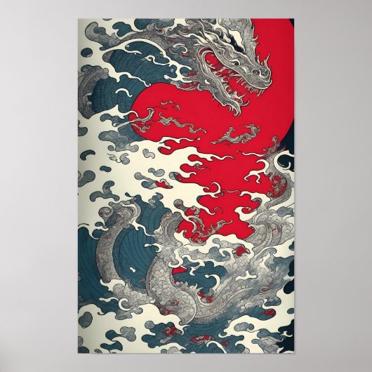 Art Hokusai Die Welle mit Drachen Poster (Voorkant)