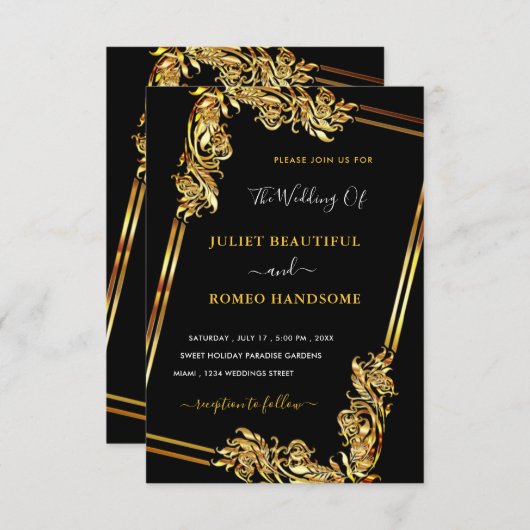 Art Ingelijste Zwart Goud bruiloft uitnodiging Sja (Voorkant / Achterkant)