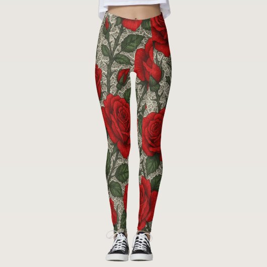 ART Legging Rosas Vermelhas sobre Renda Branca (Voorkant)