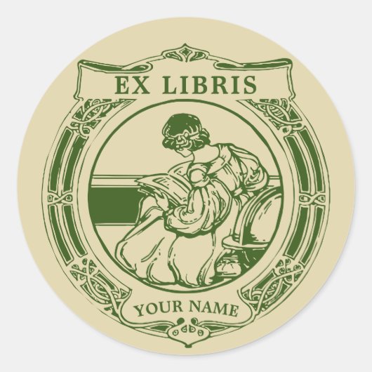 Art Nouveau 1903 Meisje & Boek Ex Libris Sjabloon Ronde Sticker (Voorkant)