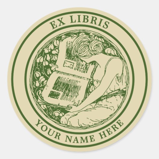 Art Nouveau 1903 Vrouw & Boek Ex Libris Sjabloon Ronde Sticker (Voorkant)