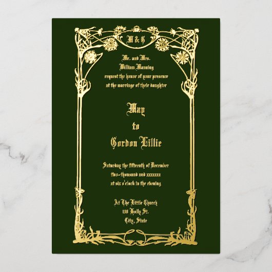  Art Nouveau 1908 Bloemengrens Bruiloft Folie Uitnodiging (Voorkant)