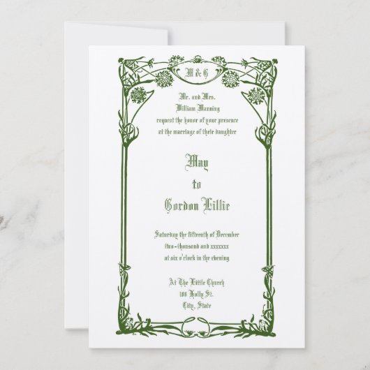  Art Nouveau 1908 Bloemengrens Bruiloft Kaart (Voorkant)