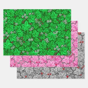 Art Nouveau Aardbeien & Bladeren, Groen Roze Grijs Inpakpapier Vel