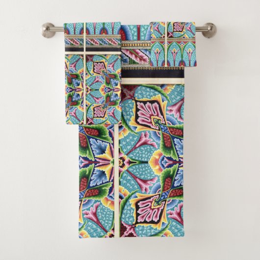 Art nouveau abstract kleurrijk textiel art blauw bad handdoek (Insitu)