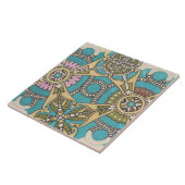 Art nouveau abstract textiel art blauw roze geel tegeltje (Zijkant)