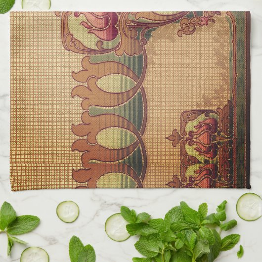 Art nouveau abstracte bloem bordeaux rood groen theedoek (Gevouwen)