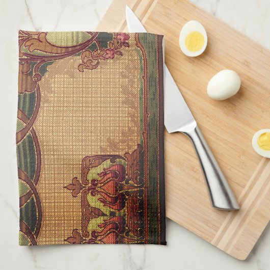 Art nouveau abstracte bloem bordeaux rood groen theedoek (Quarter Fold)