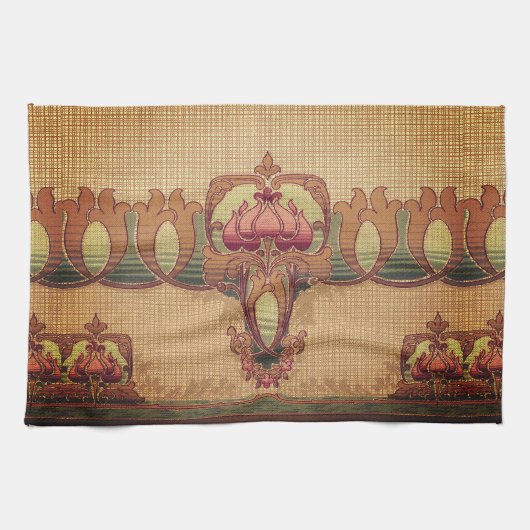 Art nouveau abstracte bloem bordeaux rood groen theedoek (Horizontaal)