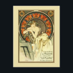 Art Nouveau Alfons Mucha, portefeuille en Briefkaart<br><div class="desc">Van ons poster met dezelfde naam.
 Een Franse advertentie uit 1898 voor Mucha's eigen werken,  beschikbaar in de boekhandel "La Plume".
 Een typische Art Nouveau-vrouw zit op een stoel. Voor haar is er een kaart met posters van Mucha.</div>
