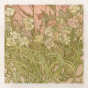 Art Nouveau Alfonse Mucha Bloem anjer bloemen Glazen Onderzetter