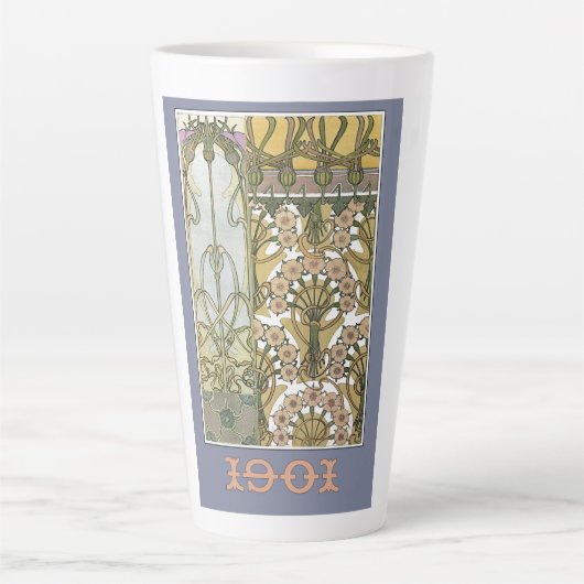 Art nouveau alphonse mucha bloemenkunst 1901 paars latte mok (Voorkant)