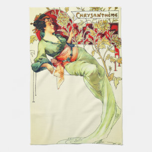 Art nouveau Alphonse Mucha Chrysanthemum herfst  Theedoek