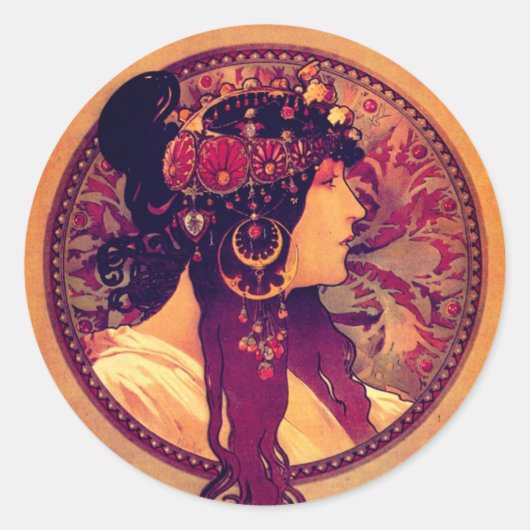 Art nouveau Alphonse Mucha Donna elegant Ronde Sticker (Voorkant)