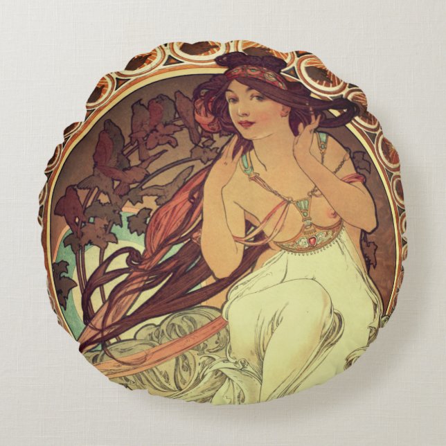 Art nouveau Alphonse Mucha elegante  vrouw Rond Kussen (Voorkant)