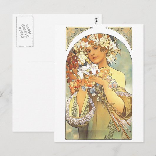 Art Nouveau - Alphonse Mucha "Flower" Briefkaart (Voorkant / Achterkant)