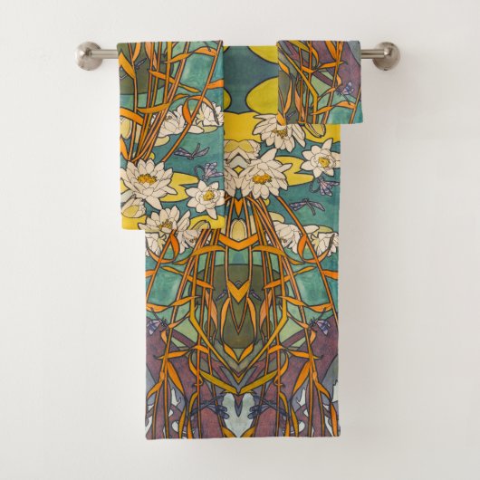 Art nouveau Alphonse mucha flower dragonfly Bad Handdoek (Insitu)