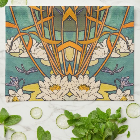 Art nouveau Alphonse mucha flower dragonfly Theedoek (Gevouwen)