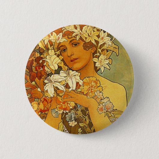 Art Nouveau Alphonse Mucha Flower Ronde Button 5,7 Cm (Voorkant)