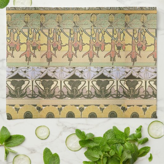 Art nouveau alphonse mucha fuschia zonnebloemflora theedoek (Gevouwen)