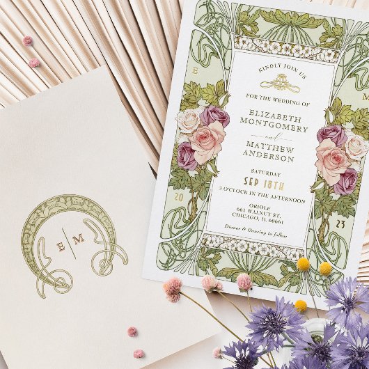 Art Nouveau Alphonse Mucha Mauve Dusty Roos Folie Uitnodiging