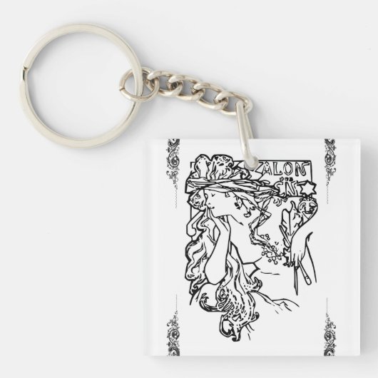 Art nouveau Alphonse Mucha salon zwart-wit Sleutelhanger (voorkant)