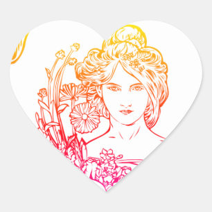 Art nouveau Alphonse Mucha, vrouw met bloemen Hart Sticker