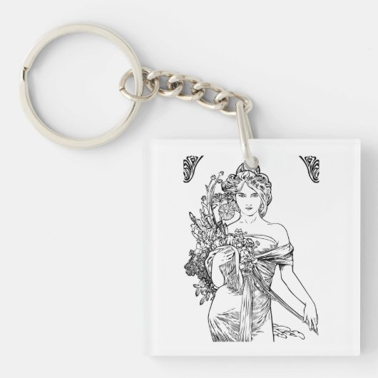 Art nouveau Alphonse Mucha, vrouw met bloemen Sleutelhanger (voorkant)