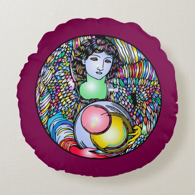 Art Nouveau Angel On Stained Glass Rond Kussen (Voorkant)