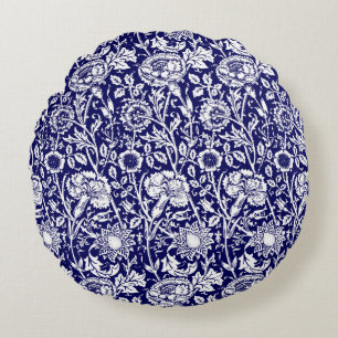 Art Nouveau Anjer Damast, Navy en Wit Rond Kussen