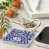Art Nouveau Anjer Damast, Navy en Wit Sleutelhanger (Voorkant Rechts)