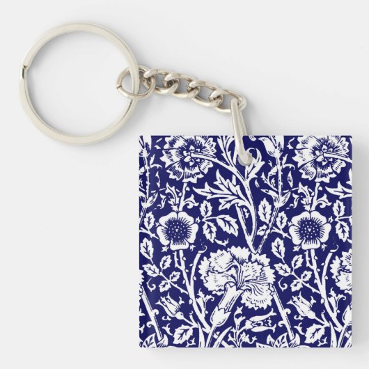 Art Nouveau Anjer Damast, Navy en Wit Sleutelhanger (Voorkant)