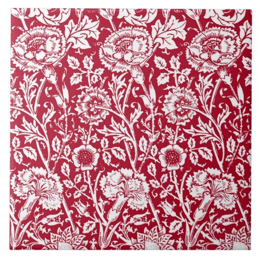 Art Nouveau Anjer Damast, Rood en Wit Tegeltje (Voorkant)