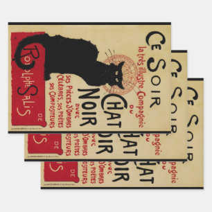 Art Nouveau-antiek, Ce Soir Chat Noir Zwarte Kat Inpakpapier Vel