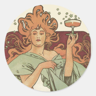 Art Nouveau-antiek, Champagne door Alphonse Mucha Ronde Sticker