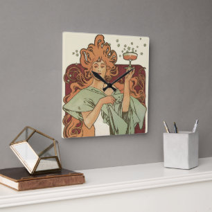 Art Nouveau antiek, Champagne door Alphonse Mucha Vierkante Klok