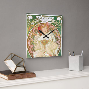 Art Nouveau antiek, Champenois door Alphonse Mucha Vierkante Klok