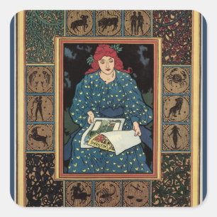 Art Nouveau-antiek, vrouw leest astrologieboek Vierkante Sticker