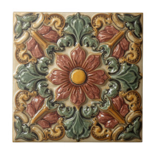 Art Nouveau Antieke Majolica Bloemstuk Ambachtsman Tegeltje