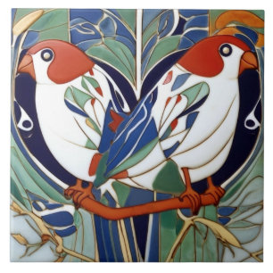 Art Nouveau Art Deco Vogels in rood wit blauw groe Tegeltje