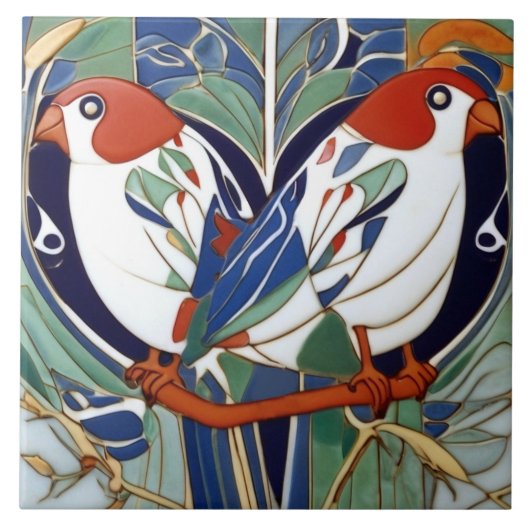 Art Nouveau Art Deco Vogels in rood wit blauw groe Tegeltje (Voorkant)