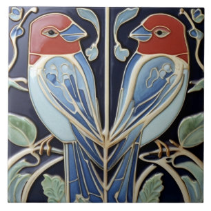 Art Nouveau Art Deco Vogels - Rood Blauwe Papegaai Tegeltje
