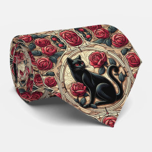 Art Nouveau Art Deco Zwarte Kat met Rode Rozen Stropdas