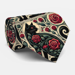 Art Nouveau Art Deco Zwarte Kat met Rode Rozen Stropdas