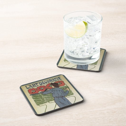  Art Nouveau, artistieke schilderende papaverbloem Bier Onderzetter (Rechterzijde)