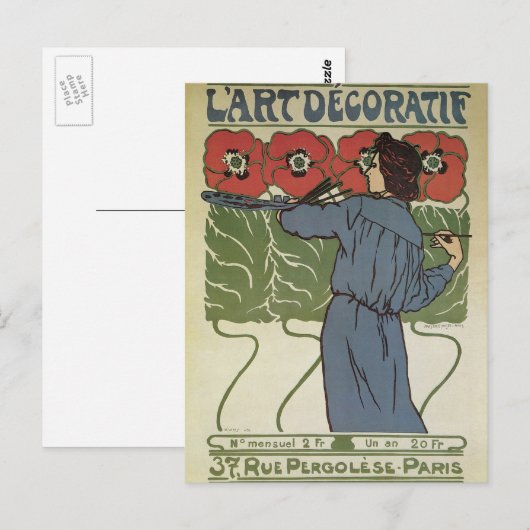  Art Nouveau, artistieke schilderende papaverbloem Briefkaart (Voorkant / Achterkant)