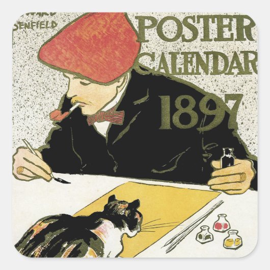  Art Nouveau, artistieke schildering met Pet Cat Vierkante Sticker (Voorkant)