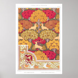 Art nouveau autumn trees and deer Vintage fall Poster
