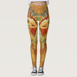 Art Nouveau Autumn Woman Gold Brown Alphonse Mucha Leggings