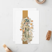 Art Nouveau Beauty met Chrystanthemums Notitiekaartje (Voorkant / Achterkant in situ)